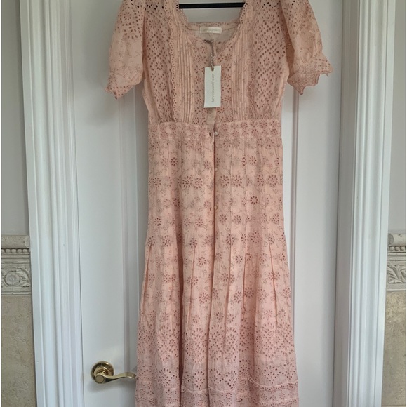 Love Shack Fancy Dress Helena Floral Eyelet Lace Cotton Midi Pink Parfait - Picture 3 of 4